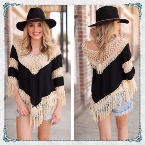 Infinity Raine Black and Cream Crochet Fringe Top